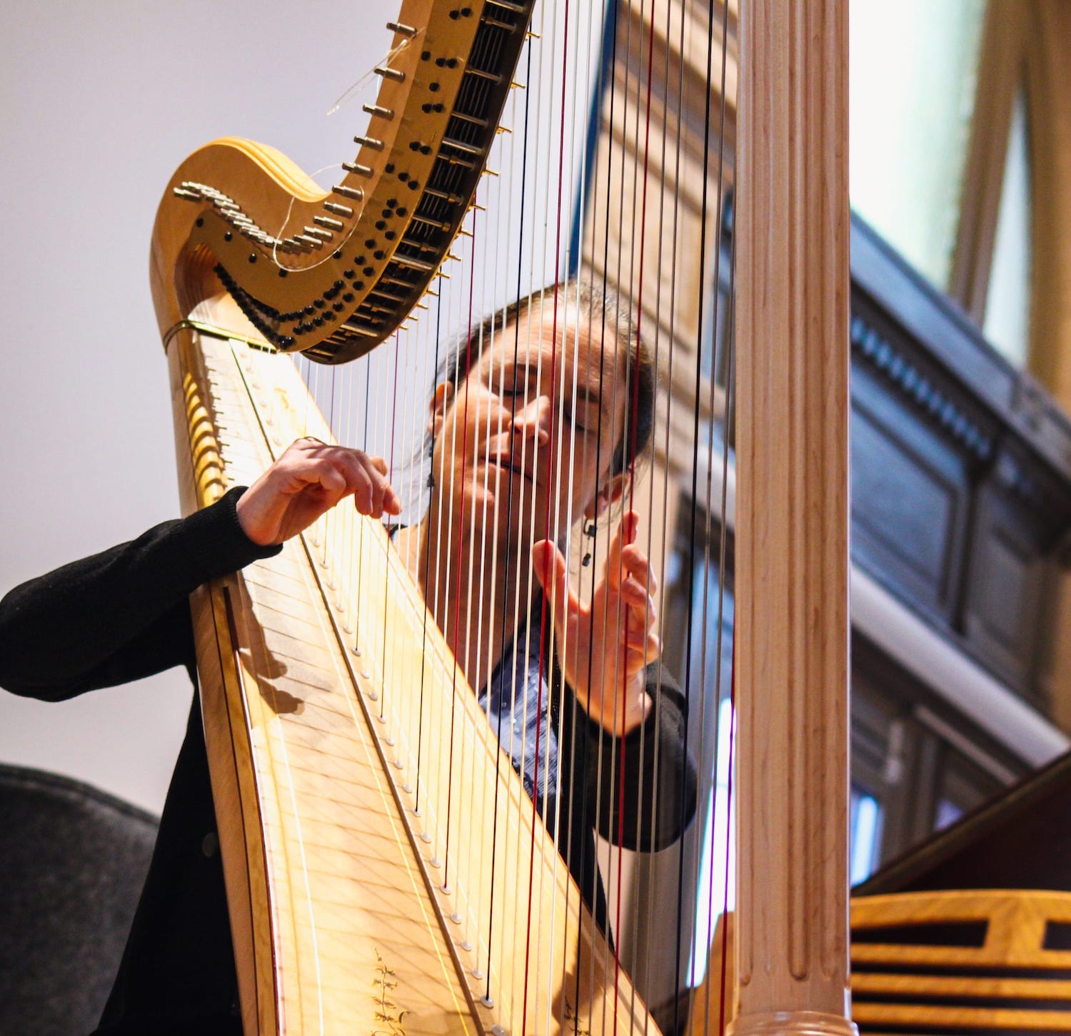 Une joueuse de harpe à l'occasion du Concert de Nouvel An 2025 de l'Académie d'Anderlecht.